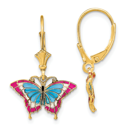 14K Yellow Gold W/Blue And Red Enameled Wings Butterfly Leverback Earrings