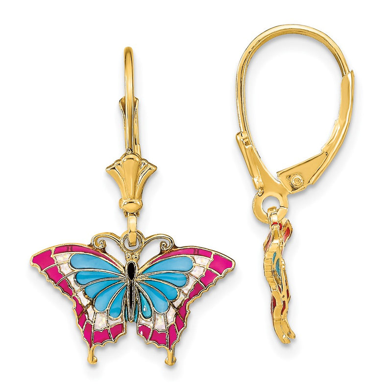14K Yellow Gold W/Blue And Red Enameled Wings Butterfly Leverback Earrings