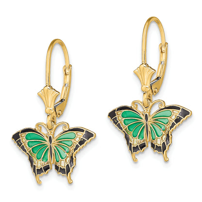 14K Yellow Gold Butterfly W/ Green Enameled Wings Leverback Earrings