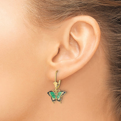 14K Yellow Gold Butterfly W/ Green Enameled Wings Leverback Earrings