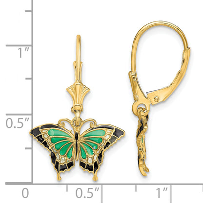 14K Yellow Gold Butterfly W/ Green Enameled Wings Leverback Earrings