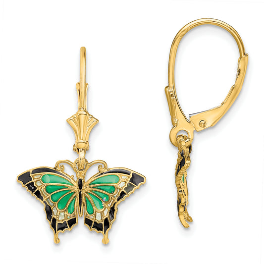 14K Yellow Gold Butterfly W/ Green Enameled Wings Leverback Earrings