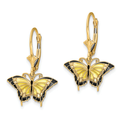 14K Yellow Gold Butterfly W/ Enameled Wings Leverback Earrings