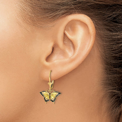 14K Yellow Gold Butterfly W/ Enameled Wings Leverback Earrings