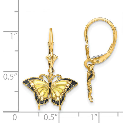 14K Yellow Gold Butterfly W/ Enameled Wings Leverback Earrings
