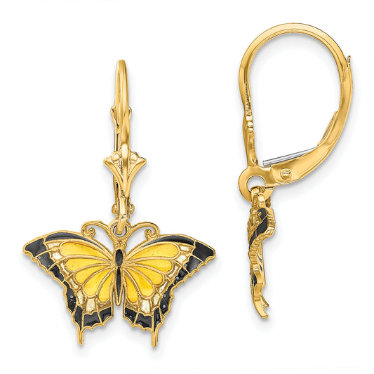 14K Yellow Gold Butterfly W/ Enameled Wings Leverback Earrings