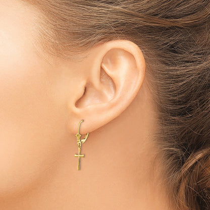 14K Yellow Gold Polished Cross Leverback Earrings