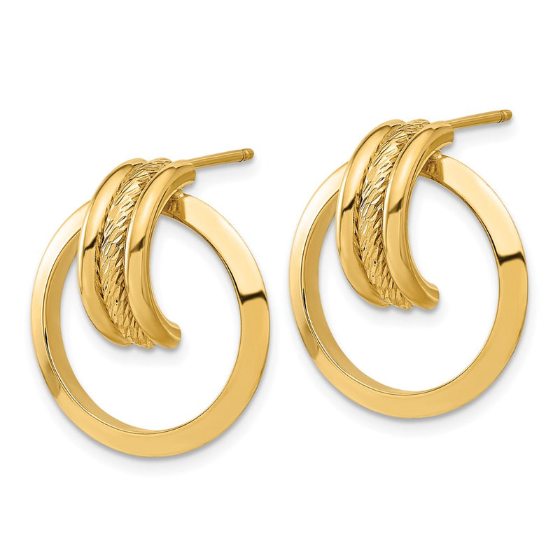 14K Yellow Gold Diamond-Cut Center Triple Wire In Circle Post Dangle Earrings