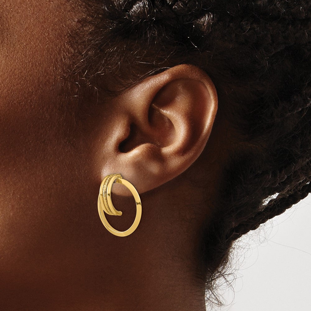 14K Yellow Gold Diamond-Cut Center Triple Wire In Circle Post Dangle Earrings