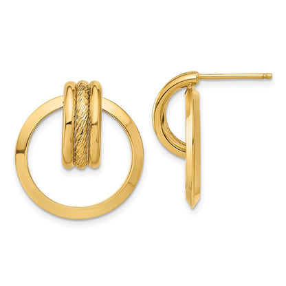 14K Yellow Gold Diamond-Cut Center Triple Wire In Circle Post Dangle Earrings