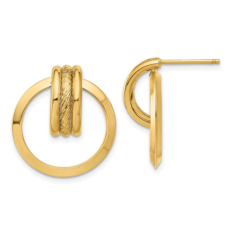 14K Yellow Gold Diamond-Cut Center Triple Wire In Circle Post Dangle Earrings