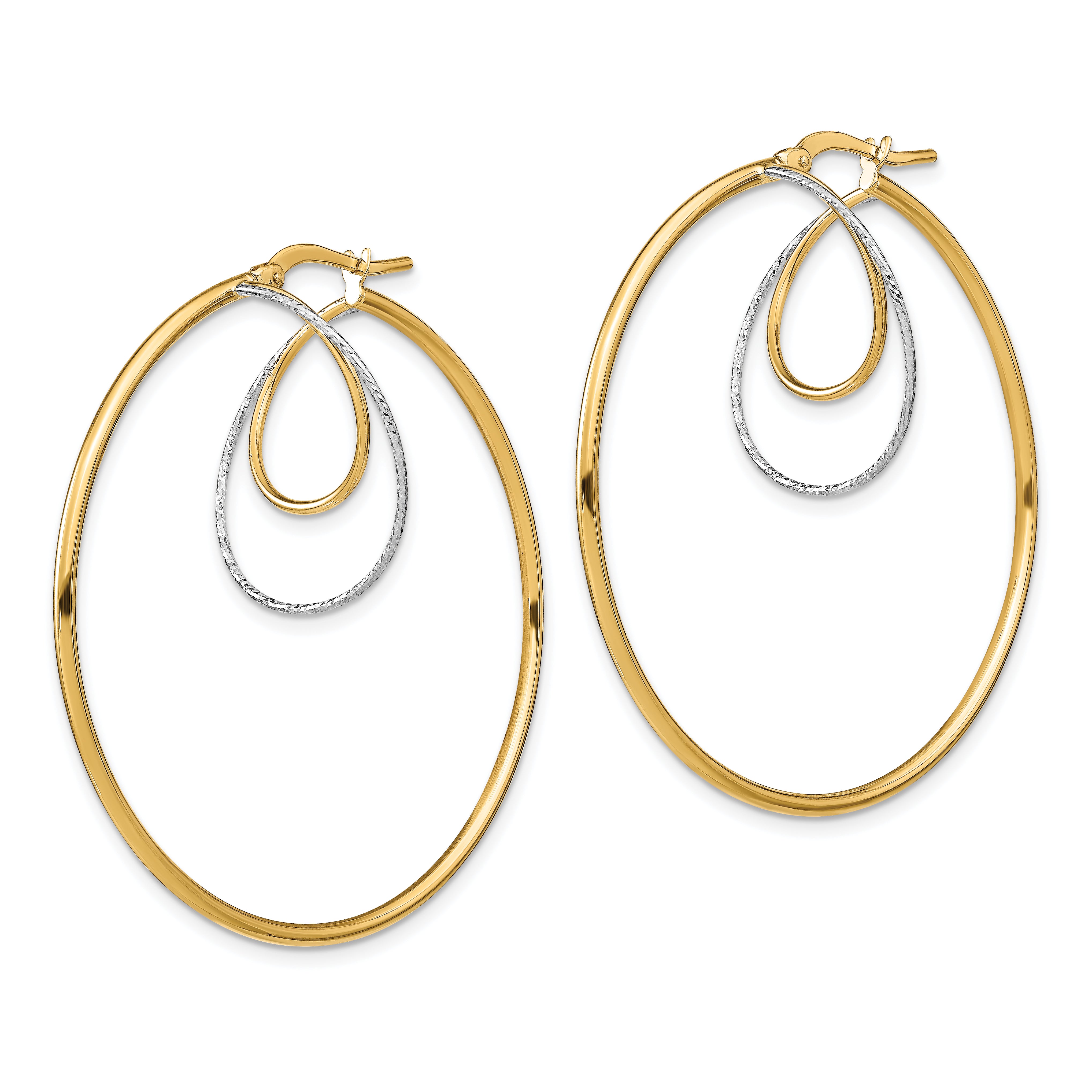 14K Yellow & Rhodium W/ White Diamond-Cut Twisted Circles Inside Hoop Earrings