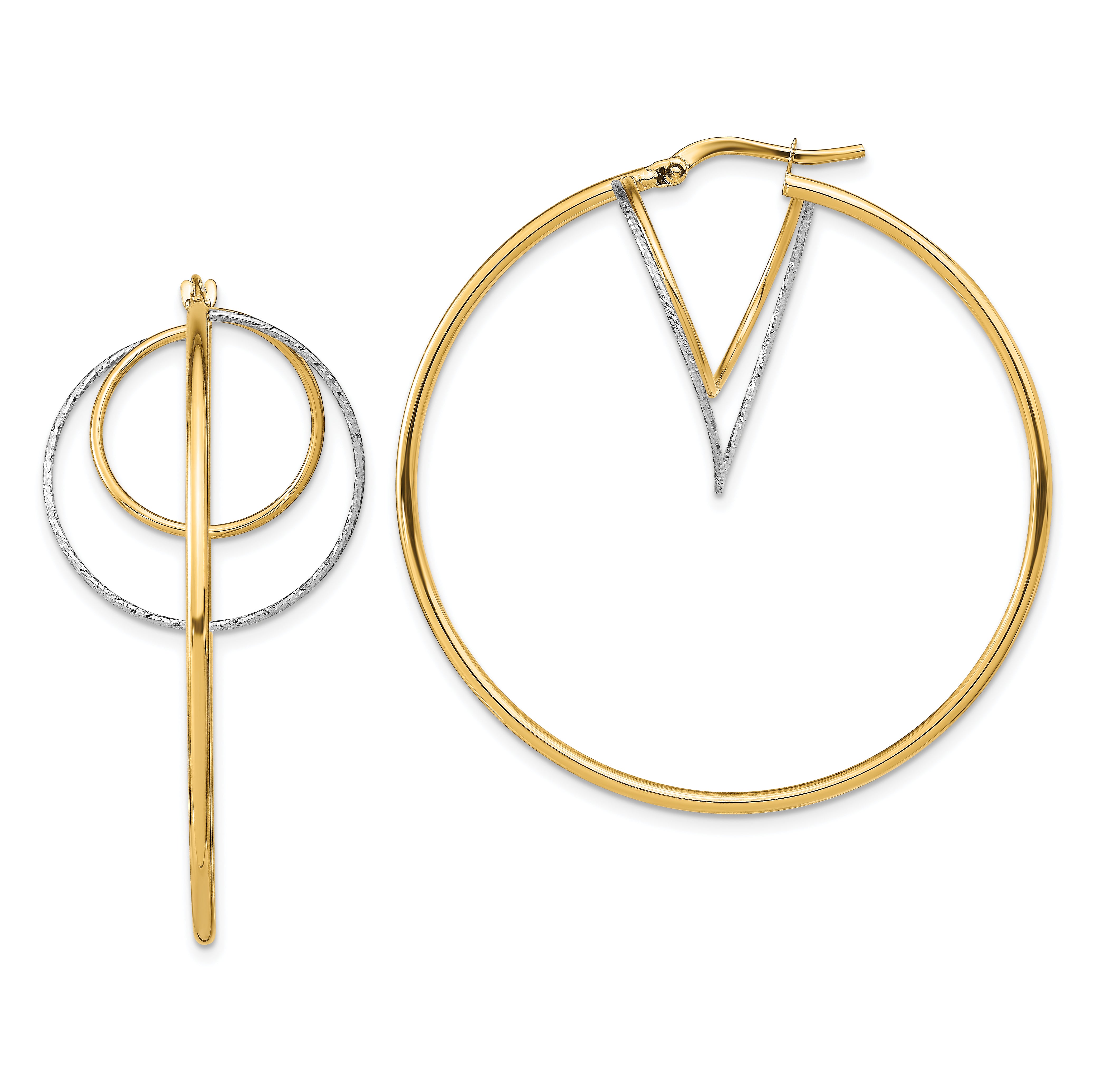 14K Yellow & Rhodium W/ White Diamond-Cut Twisted Circles Inside Hoop Earrings