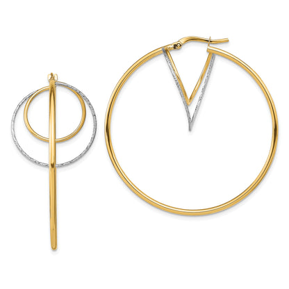 14K Yellow & Rhodium W/ White Diamond-Cut Twisted Circles Inside Hoop Earrings