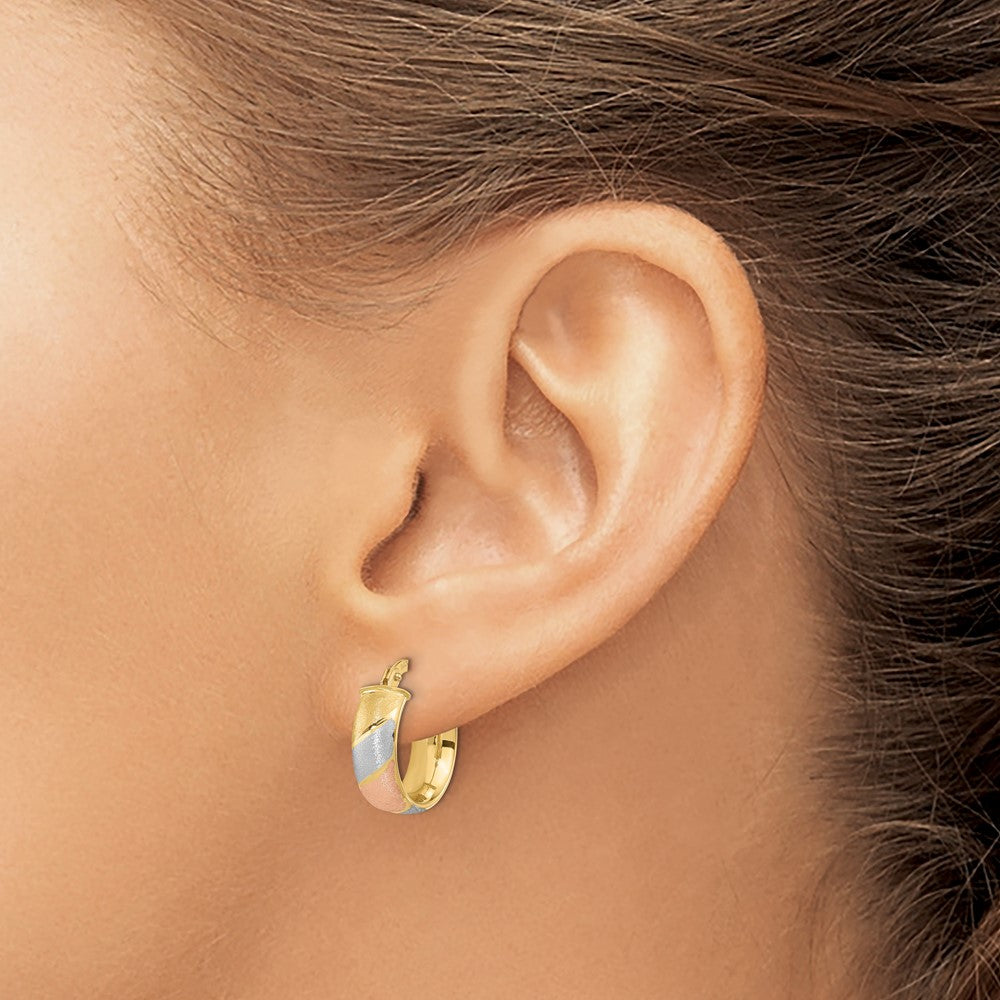 14K Yellow & Rhodium W/White And Rose Polished Satin Hoop Earrings