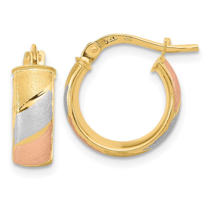 14K Yellow & Rhodium W/White And Rose Polished Satin Hoop Earrings