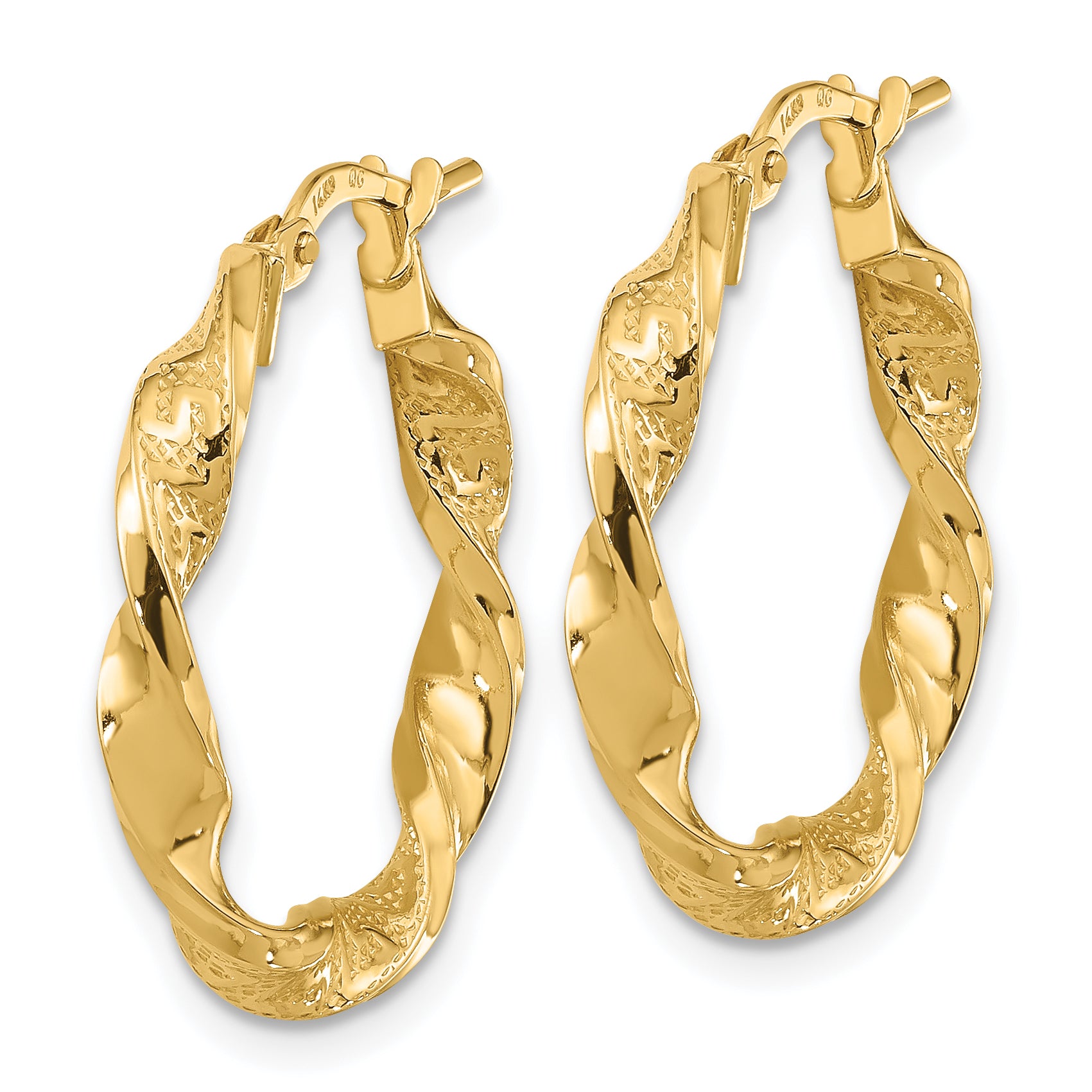 14K Yellow Gold Polished And Textured Twisted 3mm Hoop Earrings