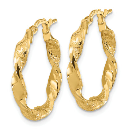 14K Yellow Gold Polished And Textured Twisted 3mm Hoop Earrings