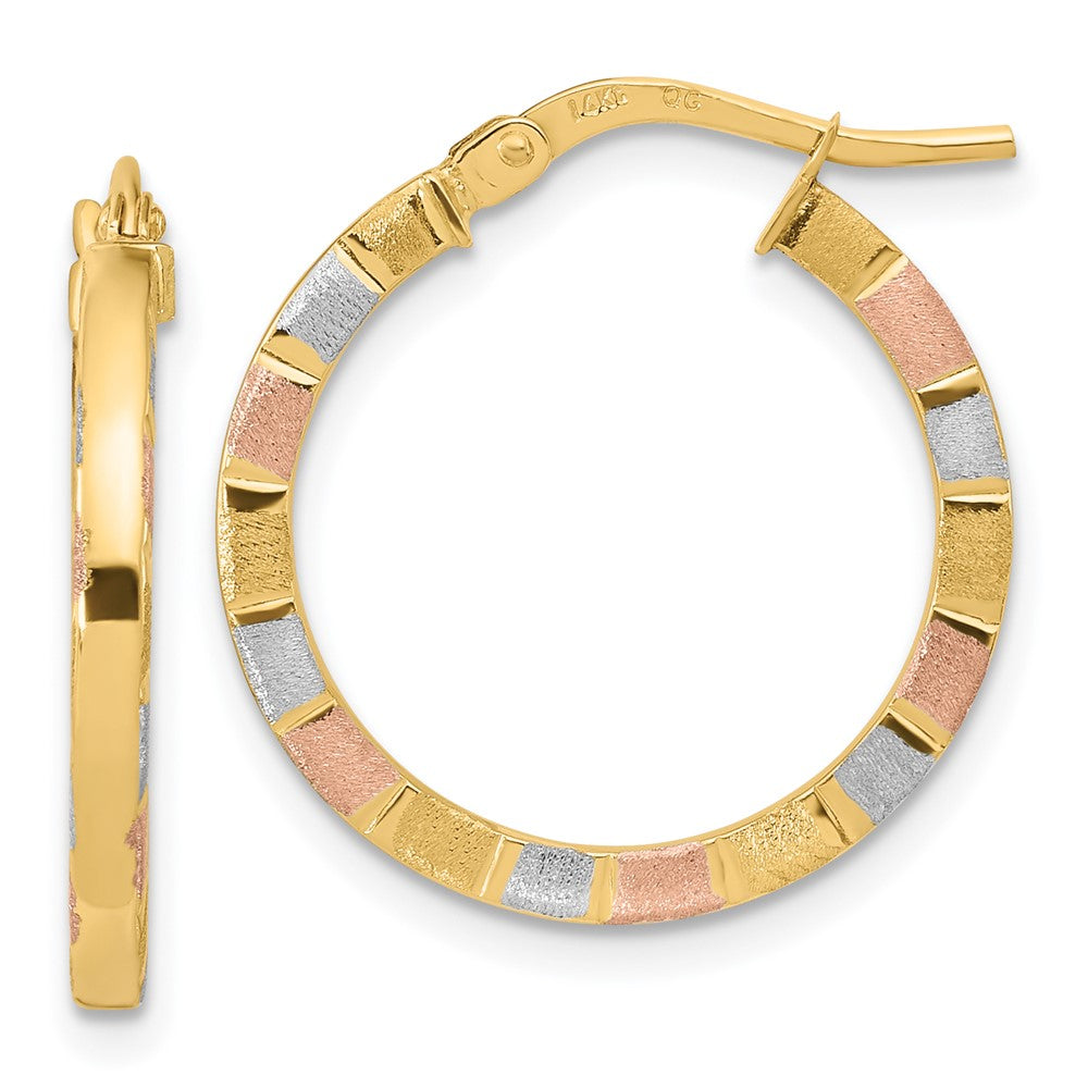 14K Yellow & Rhodium W/White Rose Polished Satin Hoop Earrings