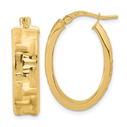 14K Yellow Gold Polished Textured Oval Hoop Earrings