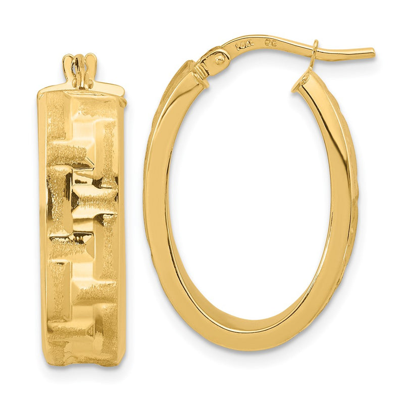 14K Yellow Gold Polished Textured Oval Hoop Earrings