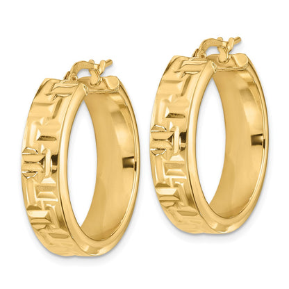 14K Yellow Gold Polished Textured Aztec Pattern Hoop Earrings