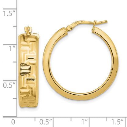 14K Yellow Gold Polished Textured Aztec Pattern Hoop Earrings