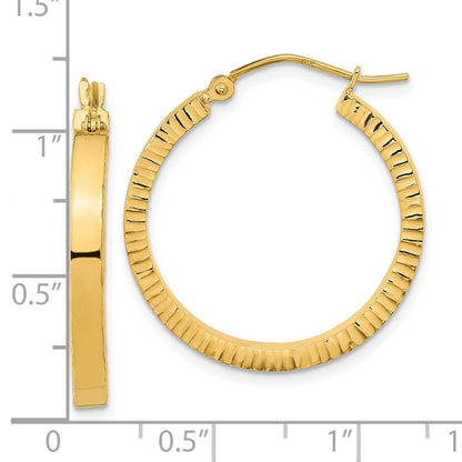 14K Yellow Gold Polished And Textured Sides Hoop Earrings
