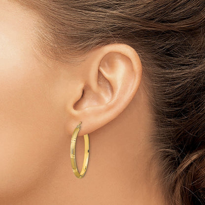 14K Yellow Gold Polished And Satin Hoop Earrings