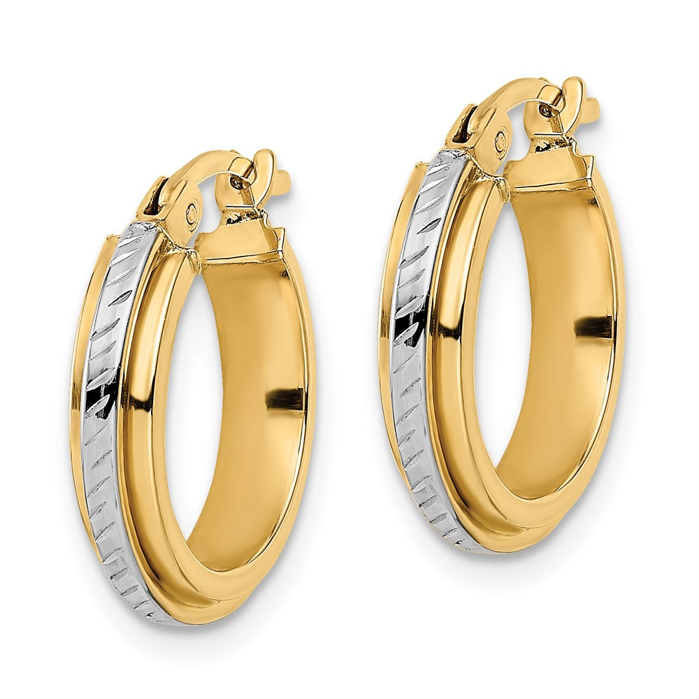 14K Yellow & Rhodium W/ White Diamond-Cut Hoops