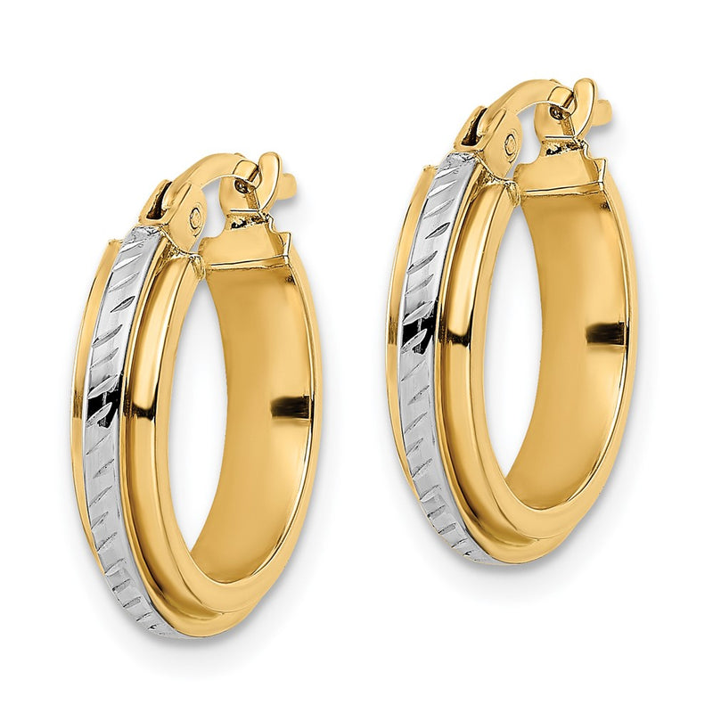 14K Yellow & Rhodium W/ White Diamond-Cut Hoops