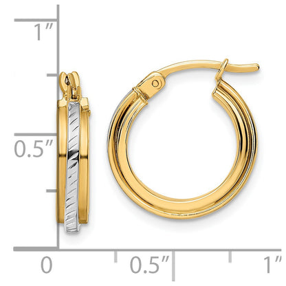 14K Yellow & Rhodium W/ White Diamond-Cut Hoops