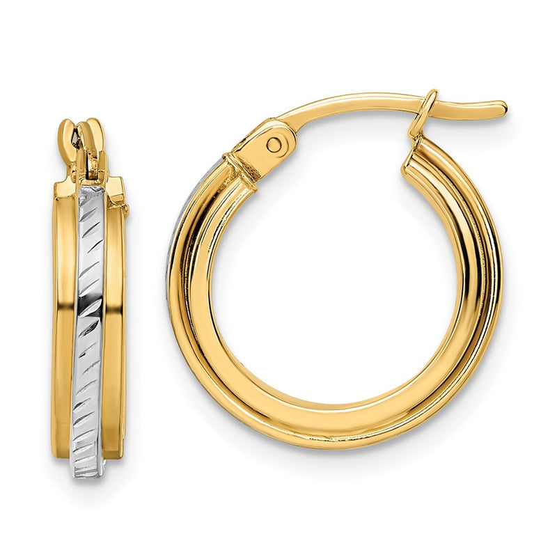 14K Yellow & Rhodium W/ White Diamond-Cut Hoops