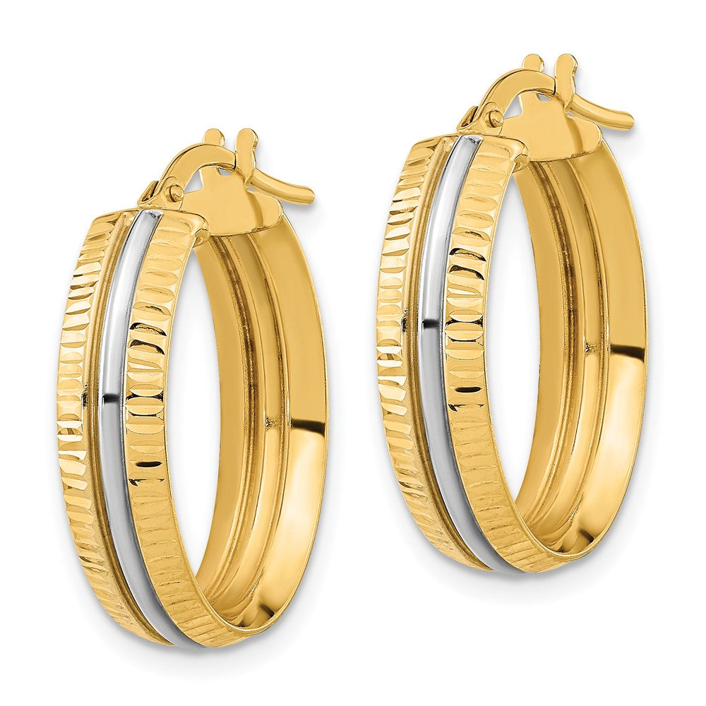 14K Yellow & Rhodium With White Center Polished Oval Hoop Earrings