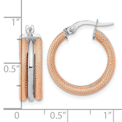14K White Gold W/ Rose Rhodium Polished And Textured Hoop Earrings