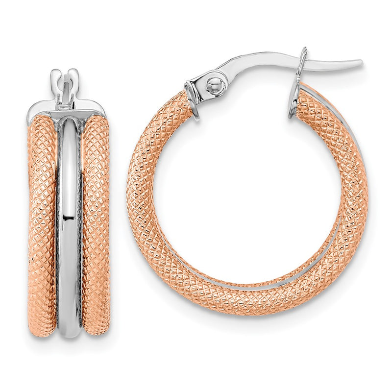 14K White Gold W/ Rose Rhodium Polished And Textured Hoop Earrings