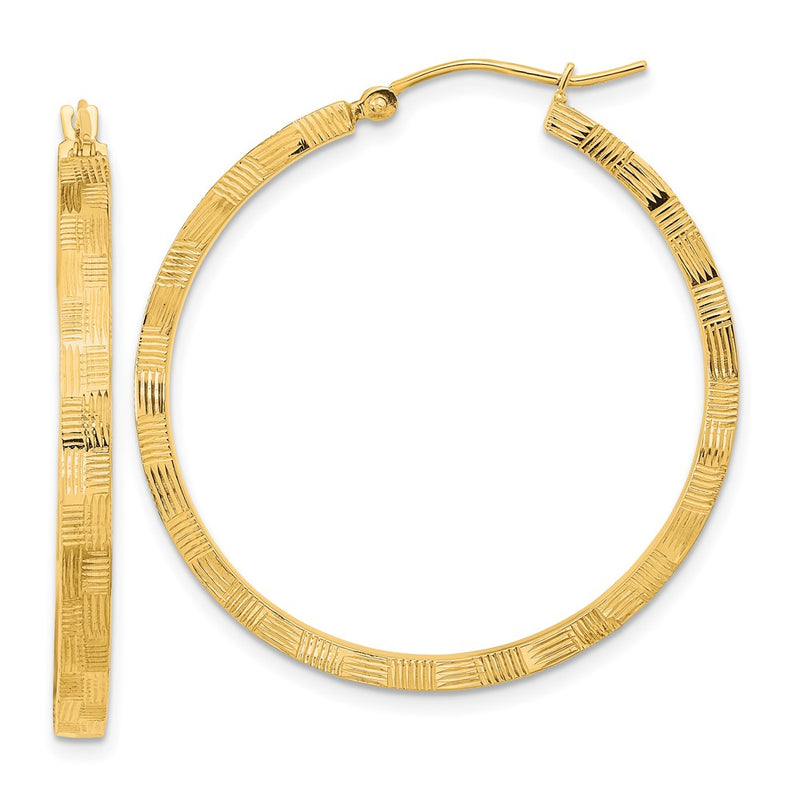 14K Yellow Gold Polished Textured Diamond-Cut Square Tube Hoop Earrings