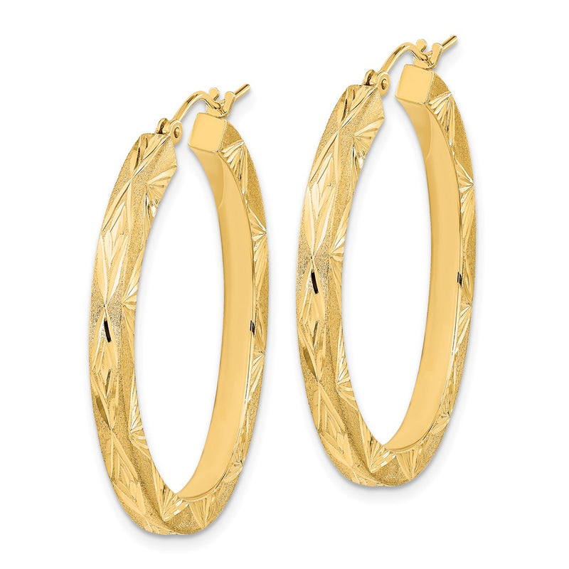 14K Yellow Gold Polished And Satin Diamond-Cut Hoop Earrings