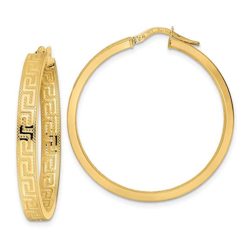 14K Yellow Gold Greek Key Hoop Earrings