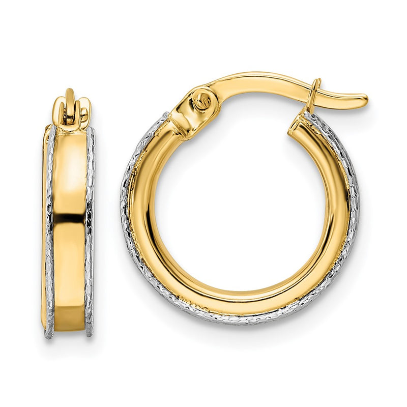 14K Two-Tone Diamond-Cut Edge 3X14mm Round Hoop Earrings