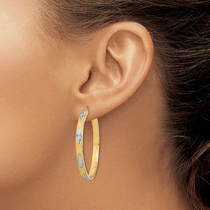 14K Yellow & Rhodium White Polished Satin Diamond-Cut Fancy Hoop Earrings
