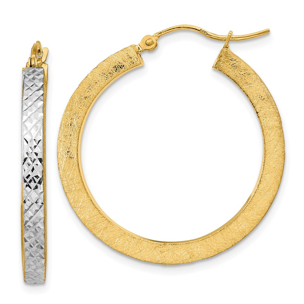 14K Yellow & Rhodium W/White Polished Satin Diamond-Cut Hoop Earrings