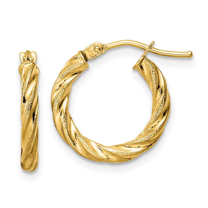 14K Yellow Gold Polished & Textured Twisted Hoop Earrings
