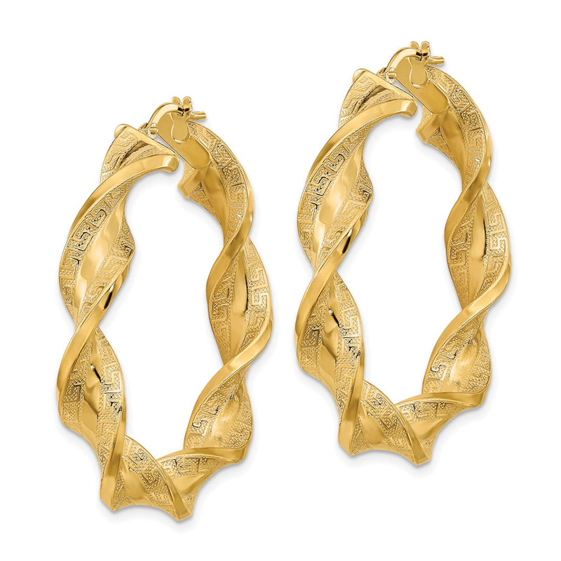14K Yellow Gold Polished & Greek Satin Twisted Hoop Earrings