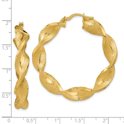 14K Yellow Gold Polished & Greek Satin Twisted Hoop Earrings