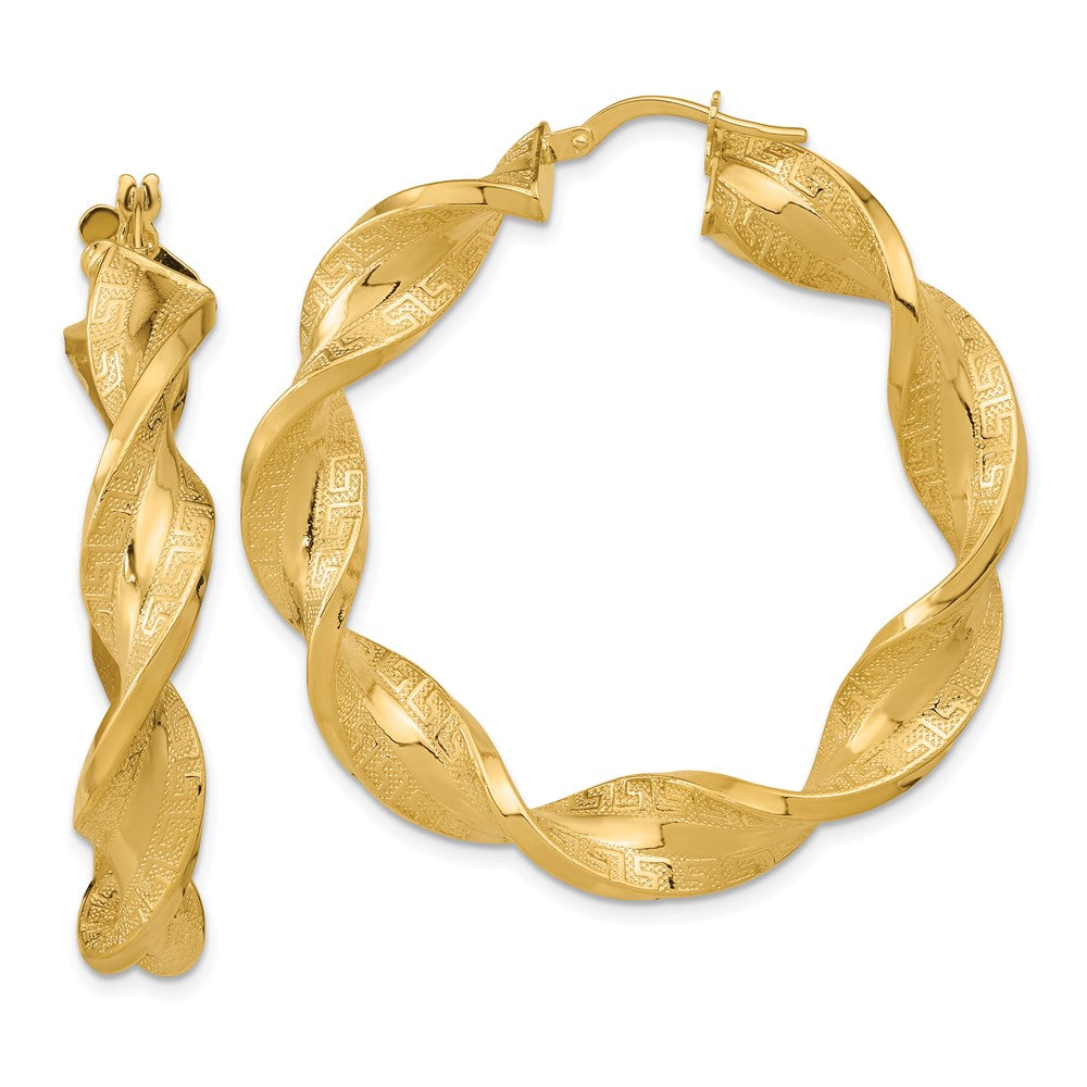 14K Yellow Gold Polished & Greek Satin Twisted Hoop Earrings