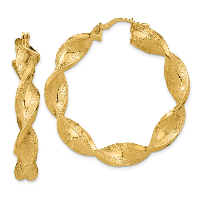 14K Yellow Gold Polished & Greek Satin Twisted Hoop Earrings