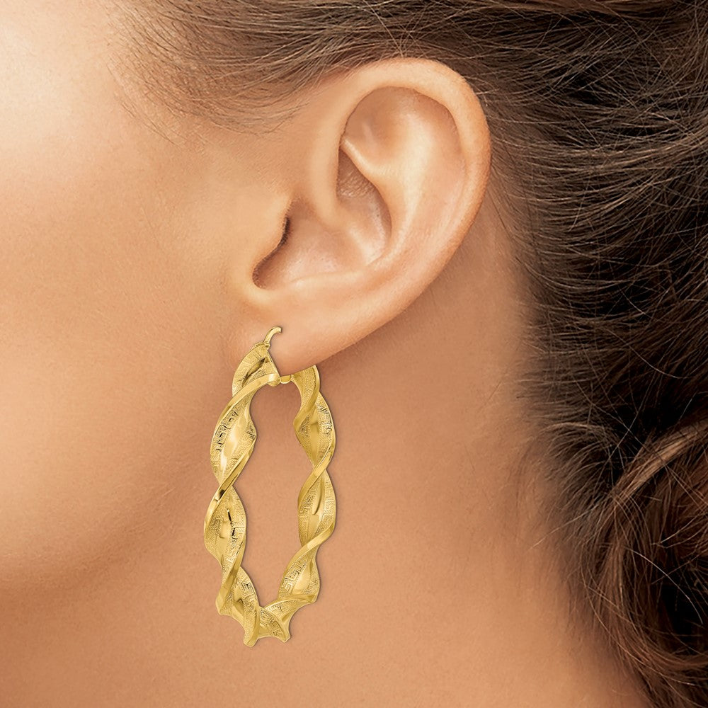 14K Yellow Gold Polished & Greek Satin Twisted Hoop Earrings