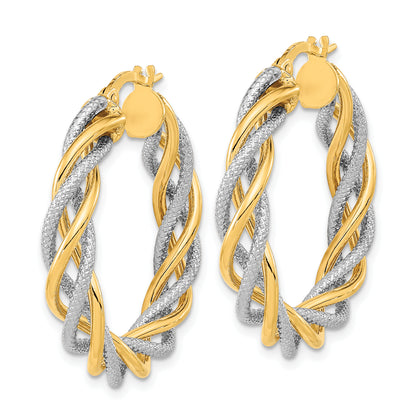 14K Yellow & Rhodium And White Polished Textured Twisted Hoop Earrings