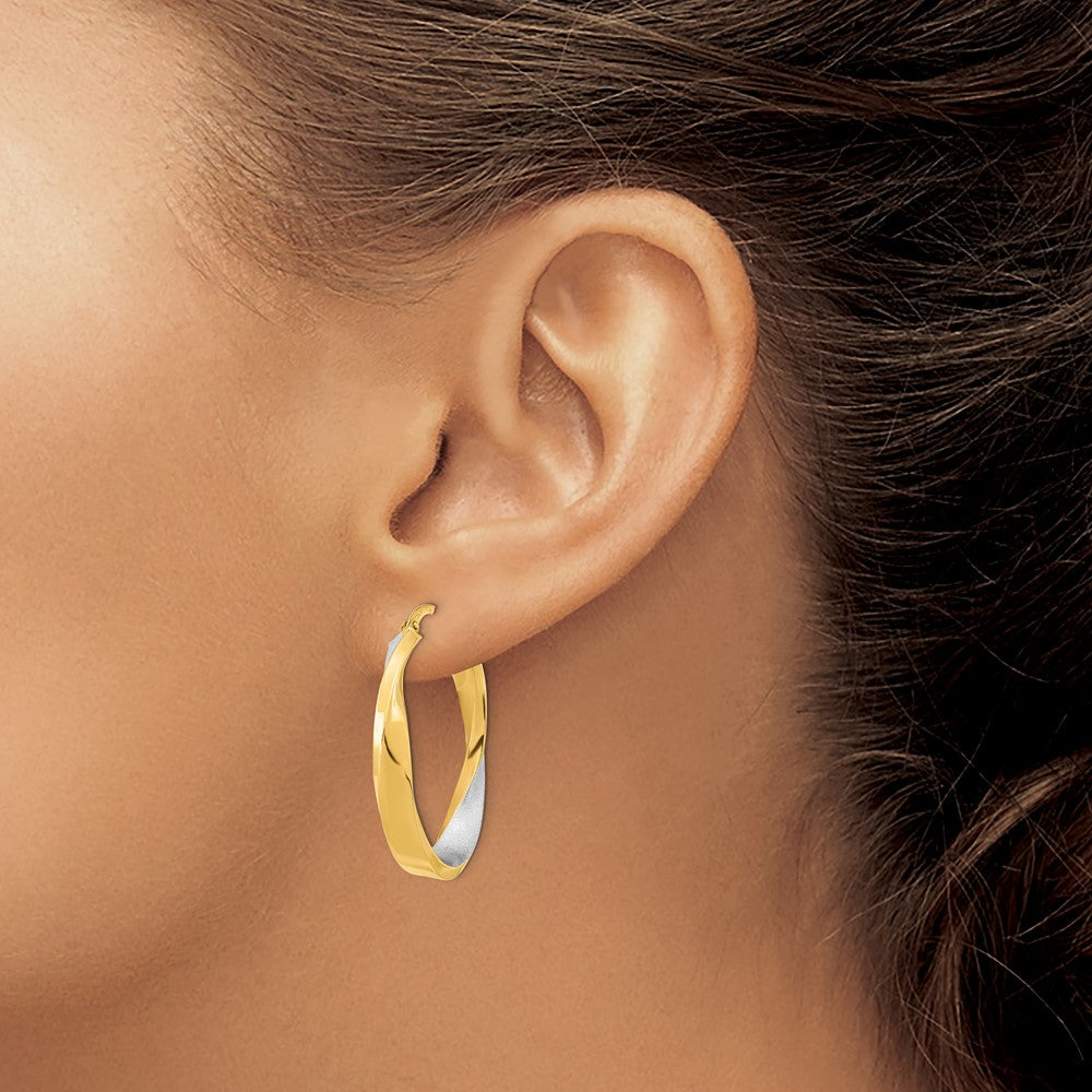 14K Yellow & Rhodium W/White Polished And Satin Oval Twist Hoop Earrings